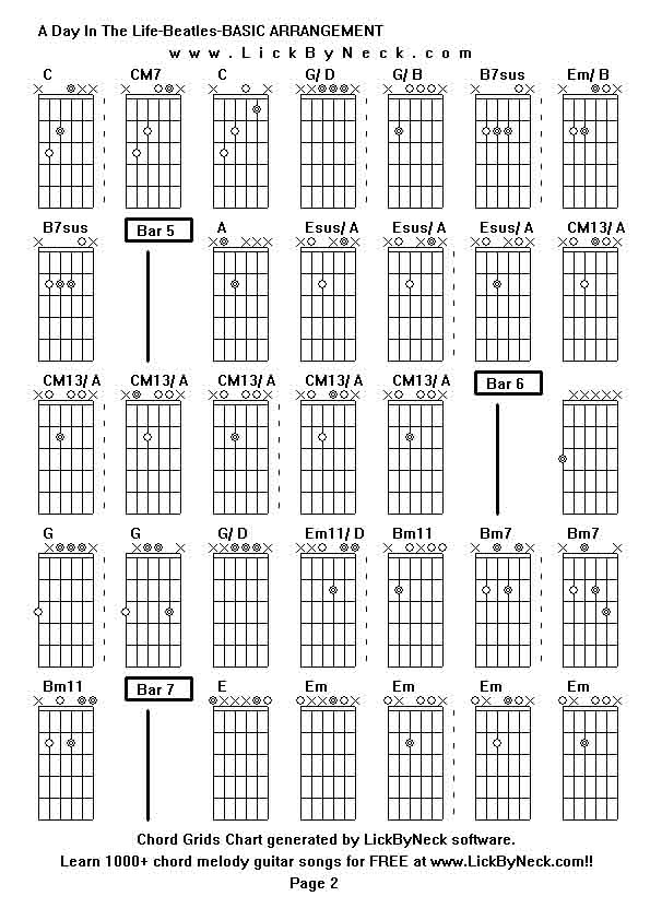 Chord Grids Chart of chord melody fingerstyle guitar song-A Day In The Life-Beatles-BASIC ARRANGEMENT,generated by LickByNeck software.